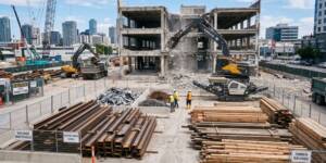 Proses pembongkaran gedung profesional dan pemilahan material bekas untuk sistem tukar tambah