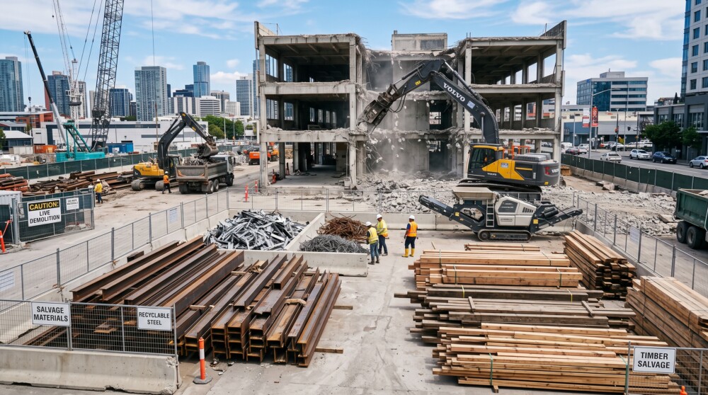 Proses pembongkaran gedung profesional dan pemilahan material bekas untuk sistem tukar tambah